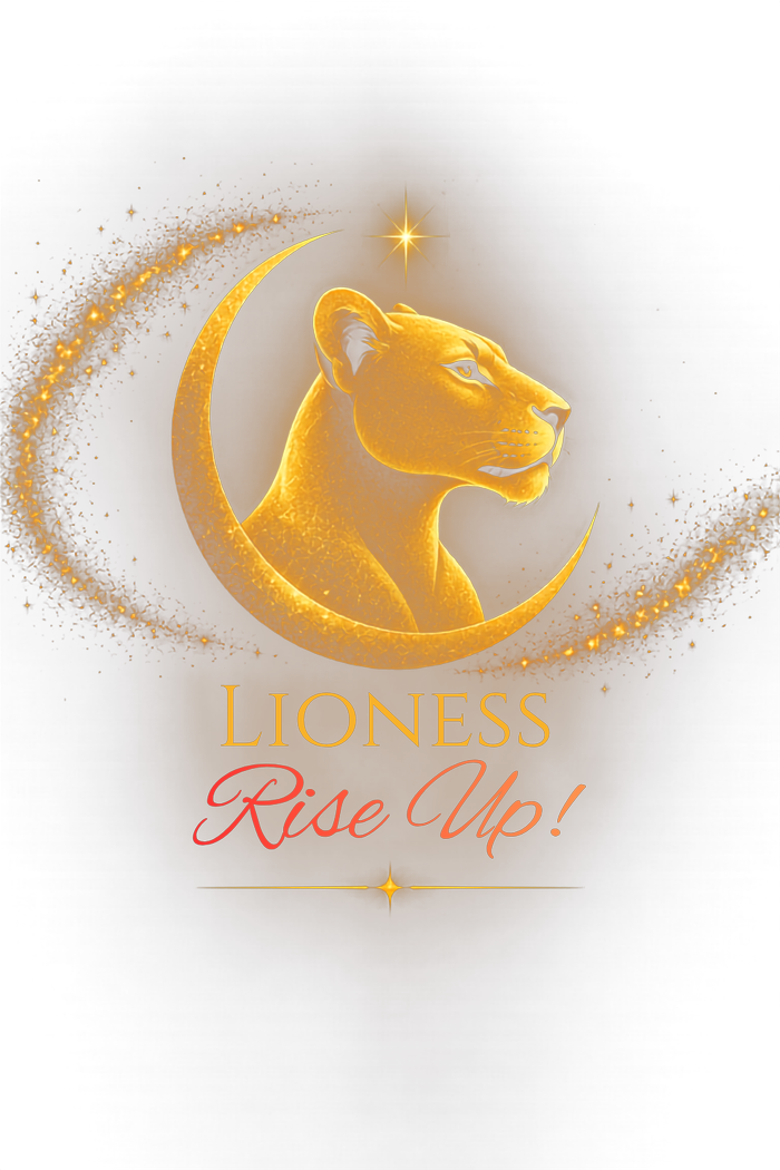 Lioness Rise Up! — golden lioness and crescent moon emblem with sparkling trail